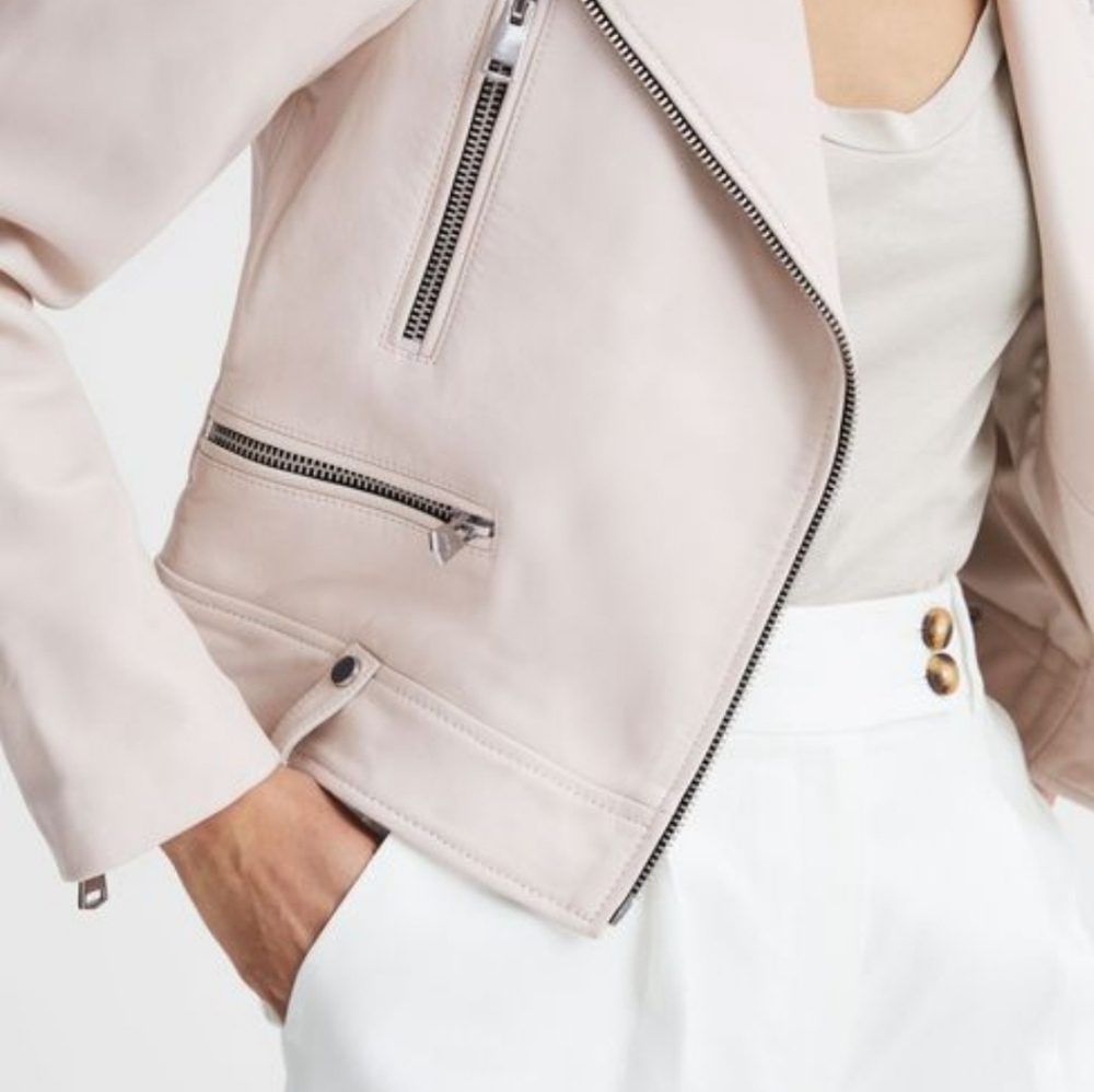 Reiss Santiago Leather Biker Jacket, Size US 6, off-white, NWT - Picture 10 of 13